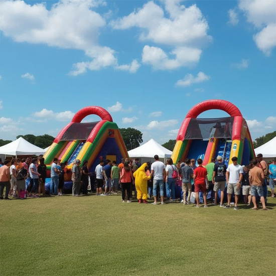 Large inflatable slides with kids and families enjoying a fall festival event in St. Cloud, Kissimmee, Orlando area