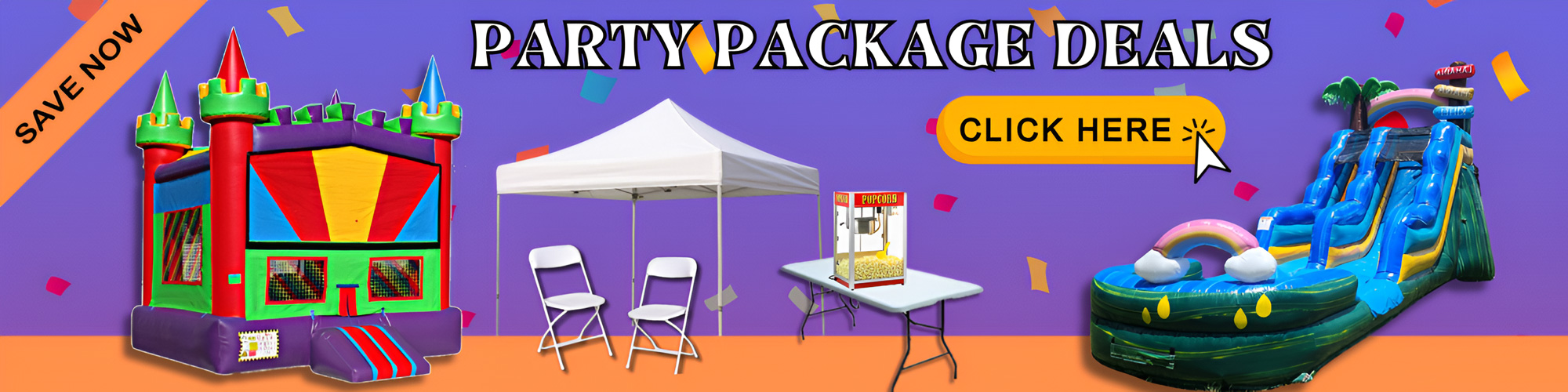 Party package deals with bounce house, canopy tent, chairs, popcorn machine, and inflatable water slide rental