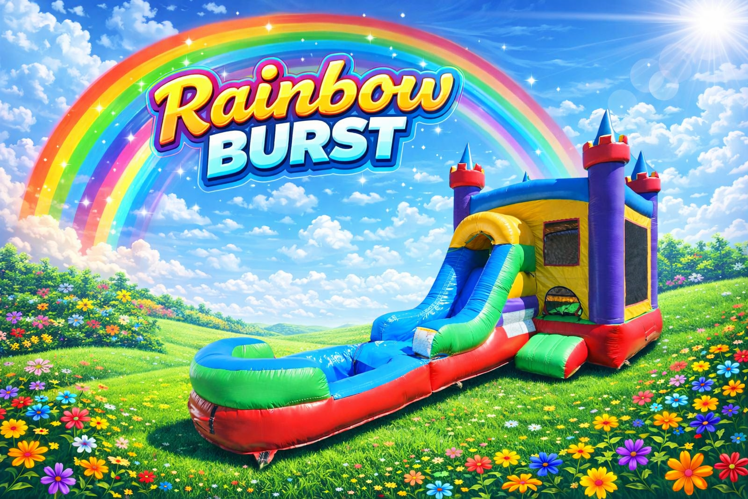 Rainbow Burst Wet & Dry Bounce House with Slide